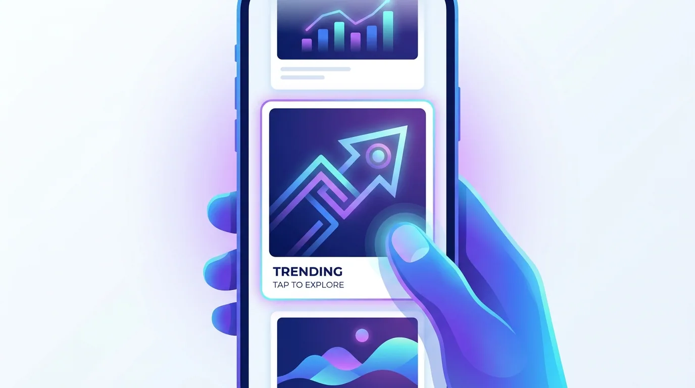 Vertical phone feed showing scroll-stopping social media creative tiles with bold visuals and a thumb mid-scroll