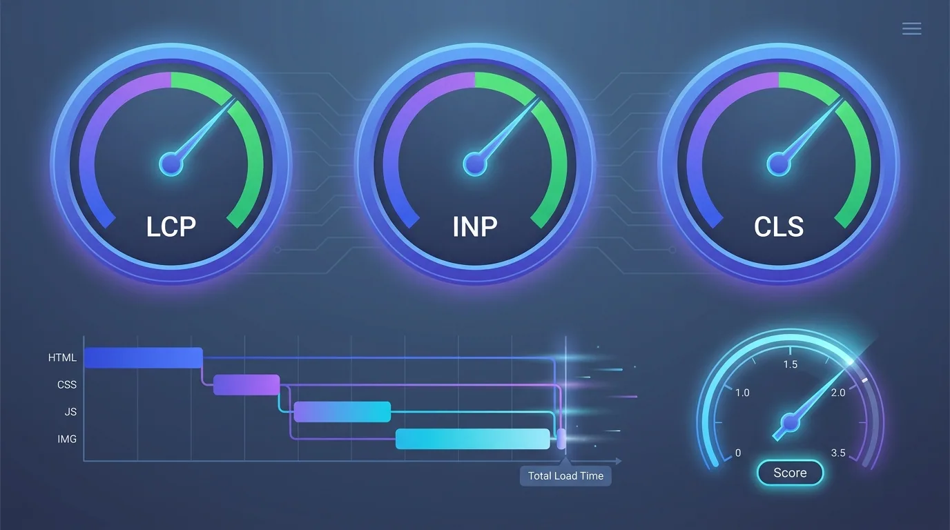 Core Web Vitals dashboard with LCP near two seconds, INP under 200 milliseconds, and CLS below 0.1 all in green