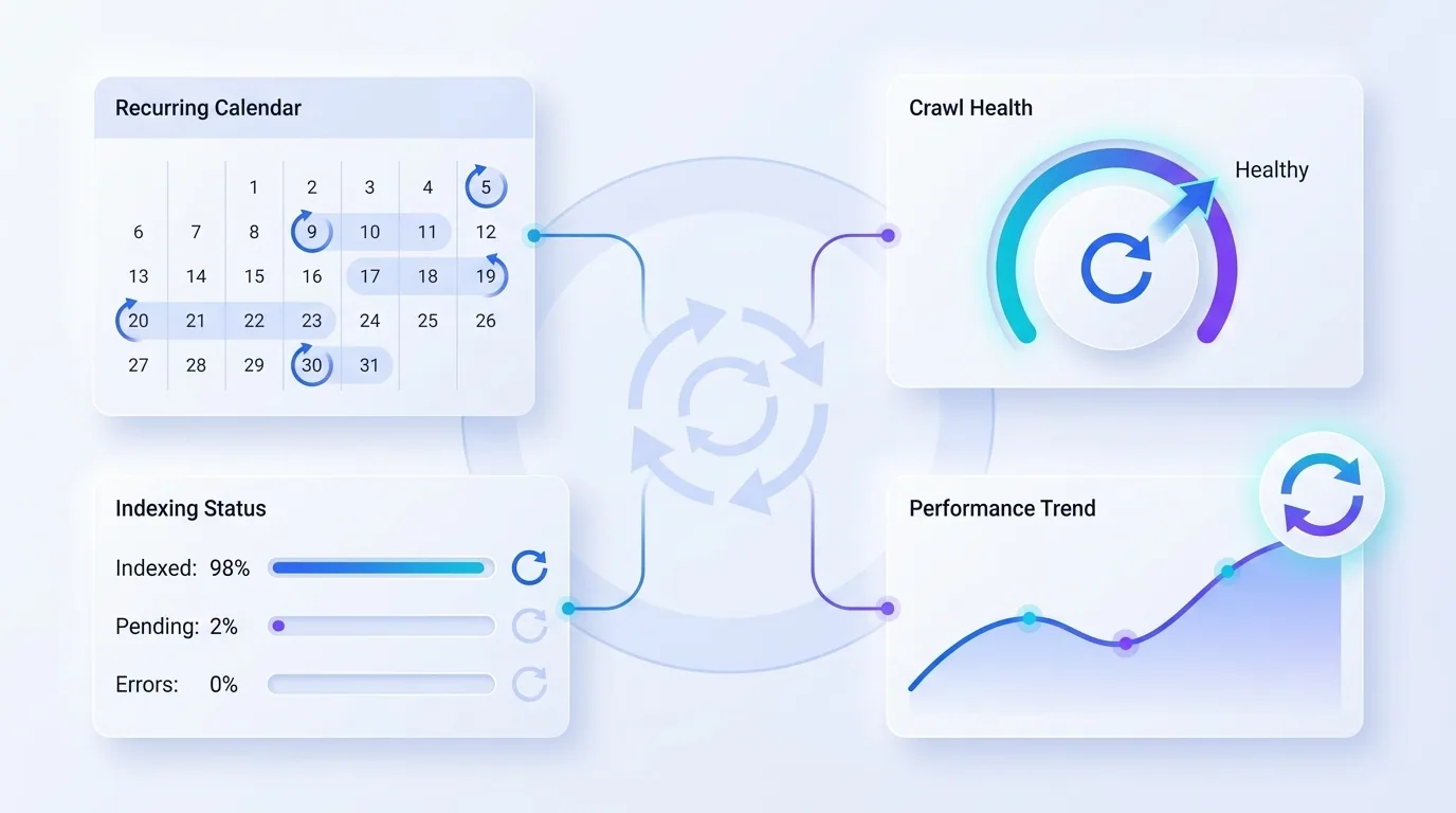 Recurring technical SEO monitoring dashboard with crawl health, indexing status, and performance trends over time