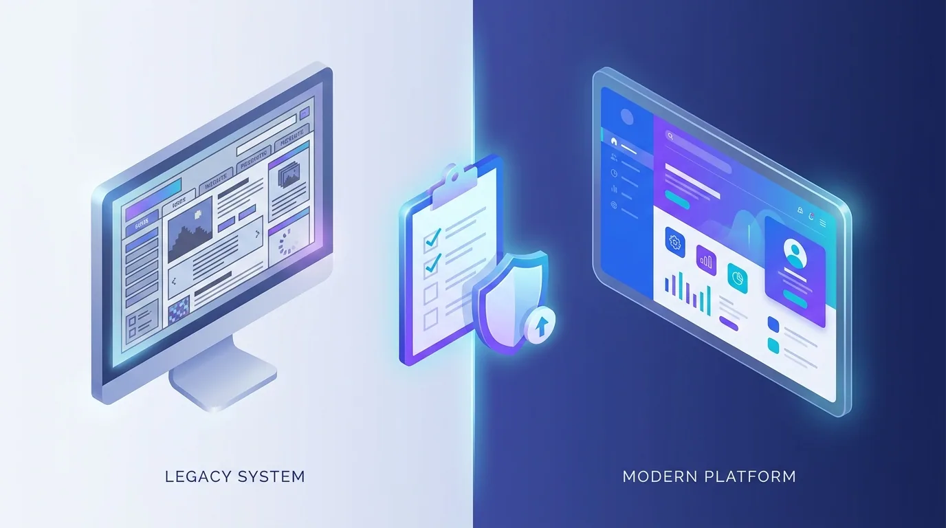 Website redesign checklist concept showing an old site transforming into a faster modern design while preserving SEO rankings
