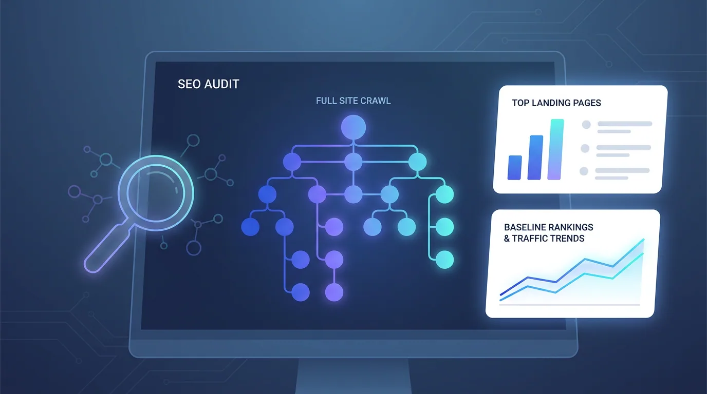 Pre-redesign SEO audit dashboard showing a full URL crawl, top landing pages, and baseline ranking metrics