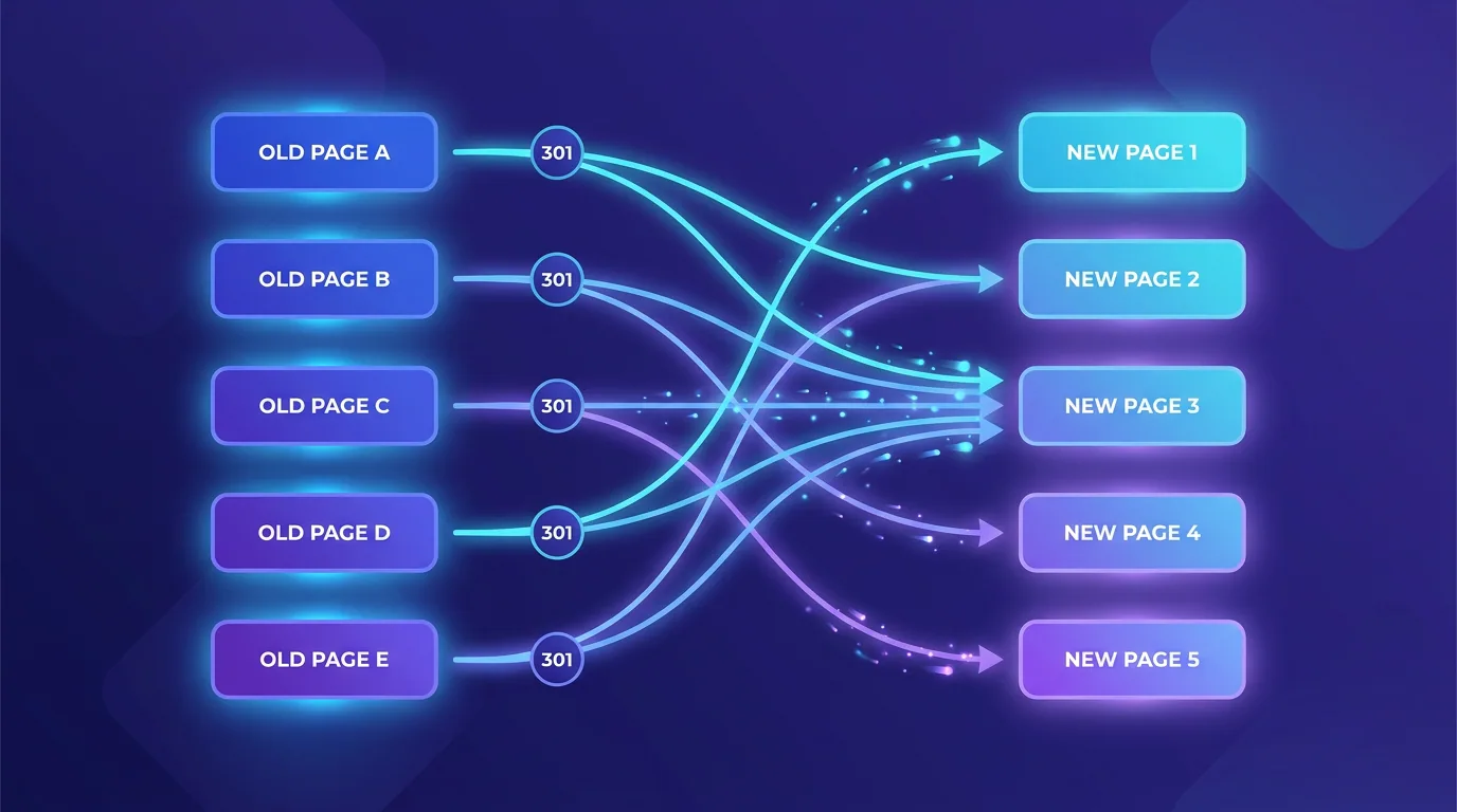 Redirect map diagram showing old URLs connected by 301 redirect arrows to their new equivalents