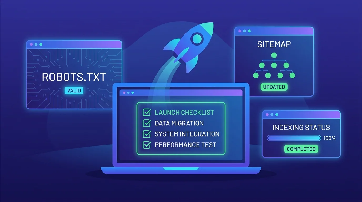 Launch-day migration checklist with verified redirects, robots and sitemap updates, and indexing checks marked complete