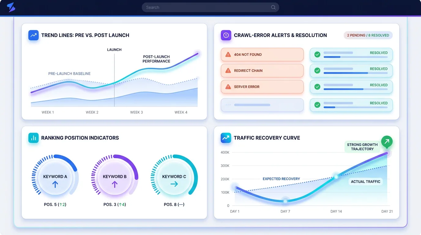 Post-launch monitoring dashboard tracking rankings, crawl errors, and traffic against the pre-redesign baseline