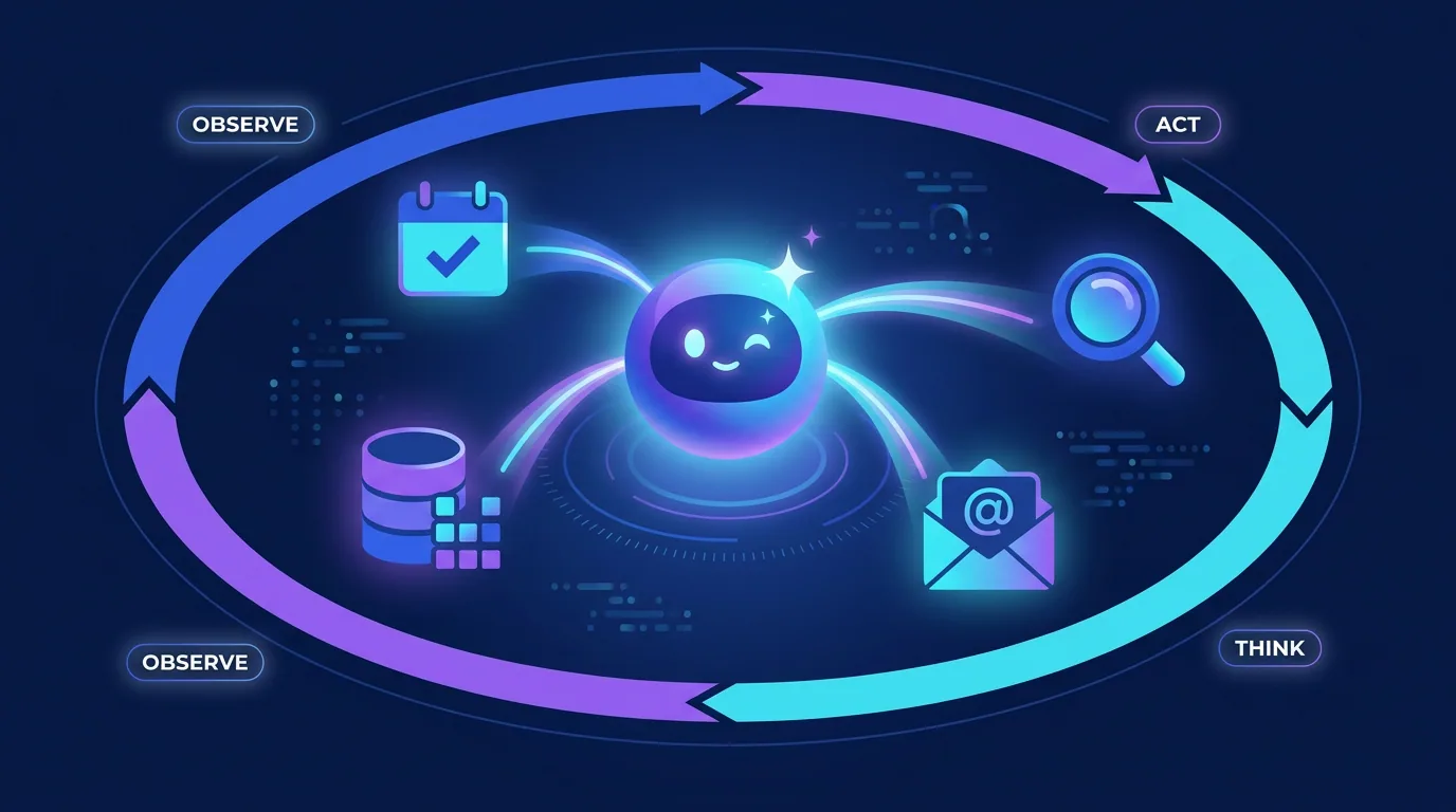 A friendly AI agent represented as a glowing orb connected to tools, data sources, and a decision loop, illustrating agentic AI for business in 2026