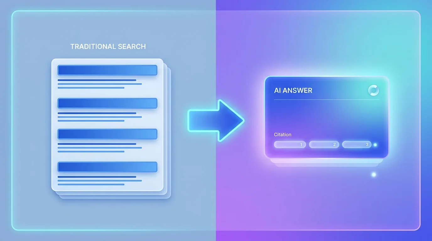 Side-by-side comparison of classic SEO ranked links versus an AEO answer card with citations