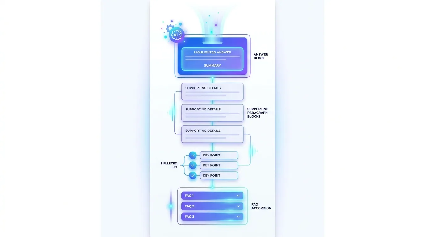 Diagram of an answer-first page layout with a concise answer block at the top followed by supporting detail and FAQs