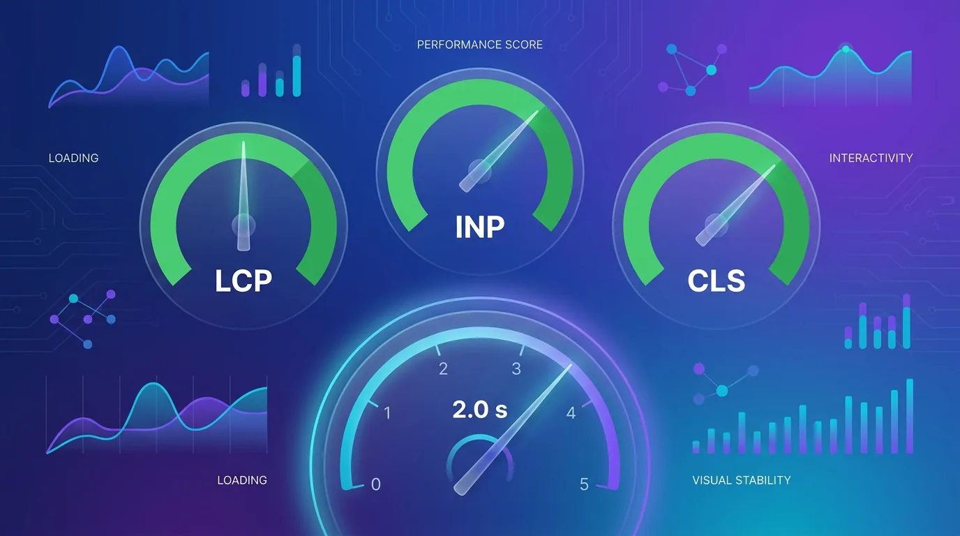 Core Web Vitals dashboard showing LCP near two seconds and INP under 200 milliseconds in the green range