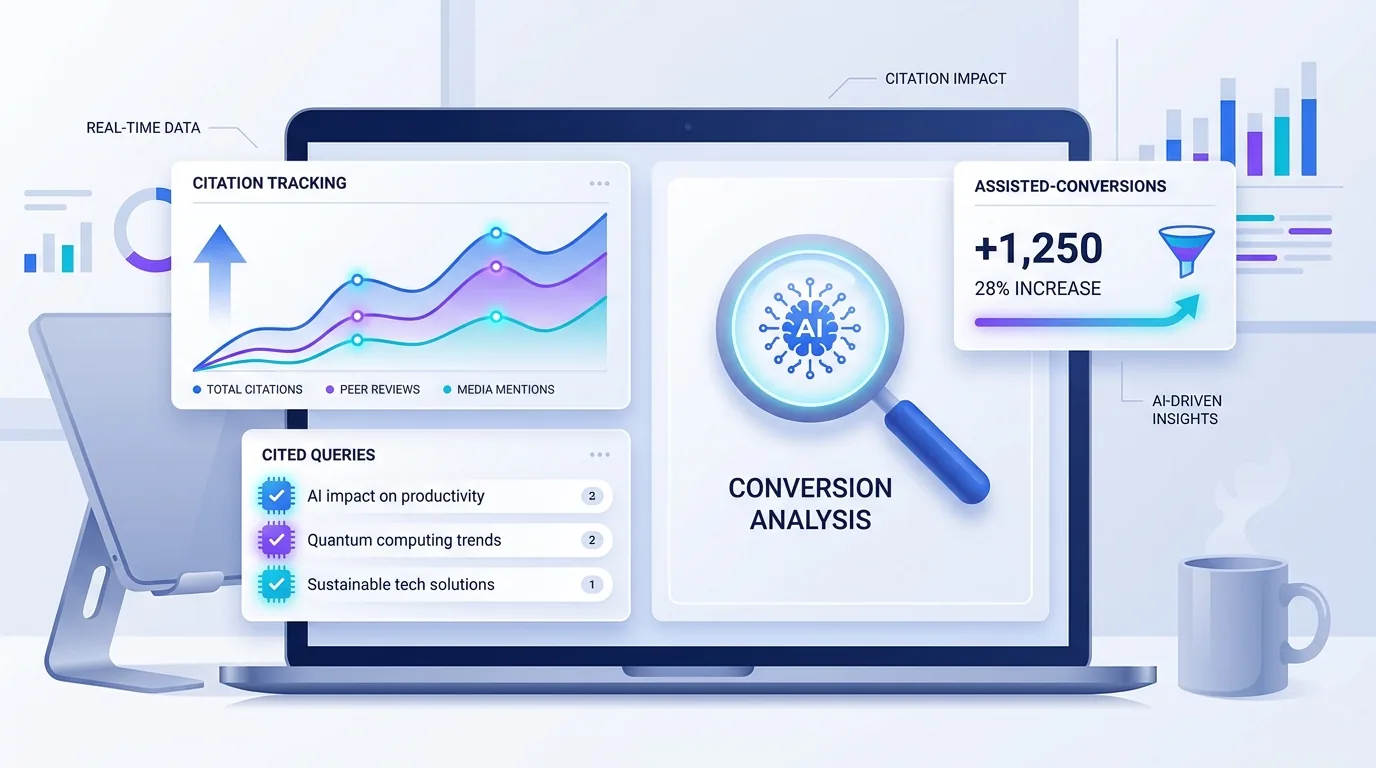 Analyst reviewing an AI citation tracking dashboard showing impressions, cited queries, and assisted conversions