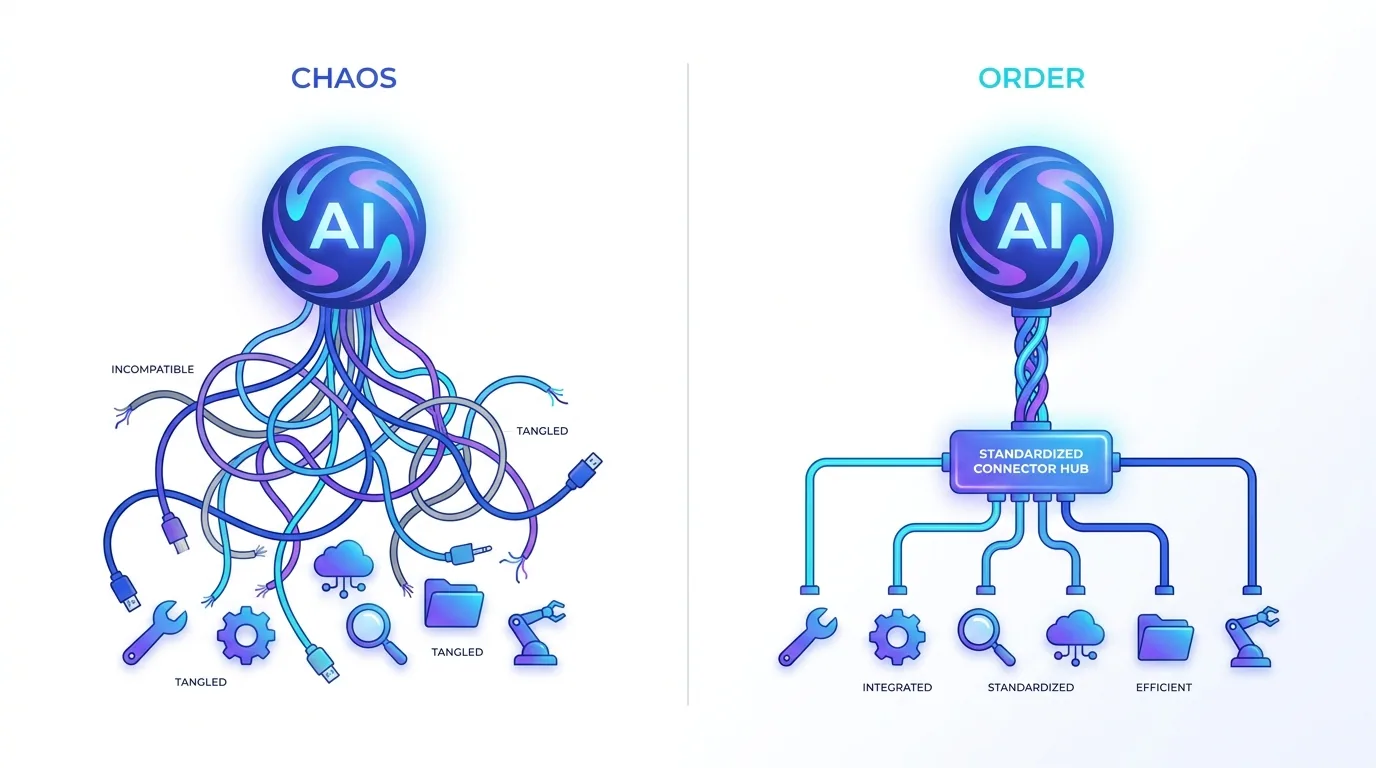 Comparison diagram contrasting tangled custom AI integrations against clean standardised MCP connectors