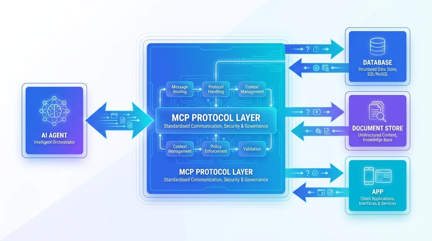 Architecture diagram of an AI agent communicating with tools and data sources through MCP connectors